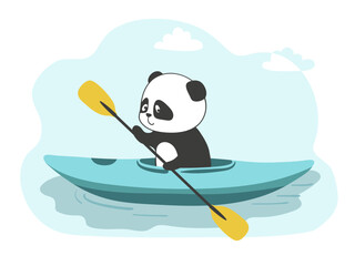 Cute panda bear swimming on kayak. Vector cartoon illustration