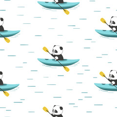 Cute panda bear swimming on kayak seamless pattern. Vector print for kids