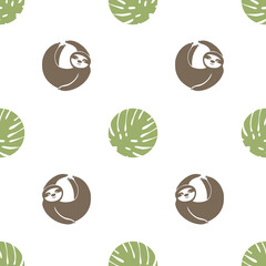 Polka dot print with cute sloth and tropical leaves. Seamless vector pattern