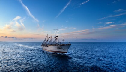Fototapeta premium ship navigating calm ocean under soft blue sky at dusk horizon