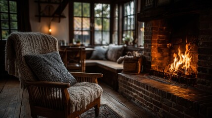 Fototapeta premium Fireplace warmly glows in a cozy living room chair with a knit blanket
