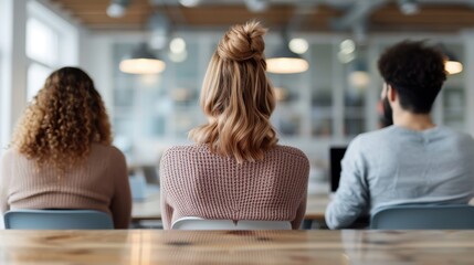 This image captures three individuals from the back as they sit in an office meeting, showcasing diverse hairstyles and an interactive meeting space environment.