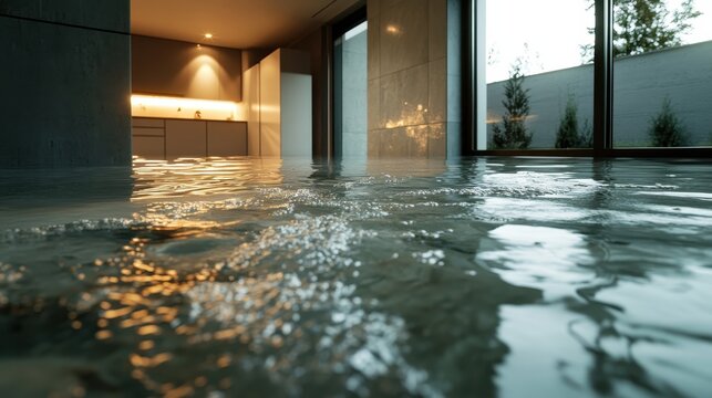 This striking image depicts a flooded modern interior space, highlighting reflections in the water and a unique design, provoking thoughts about water impact and artistic interior.