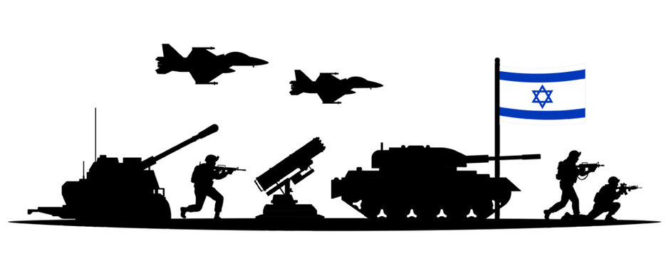 Israel Defense Forces (IDF) silhouette isolated on white background. Israeli soldiers, tanks, artillery, rocket launcher, fighter jets with flag of Israel. Military power and national security concept