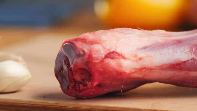Fresh Raw lamb meat leg with herbs and spices, mutton meat. Chef cooking cutting meat for dinner in restaurant, cafe. Work with knife on kitchen.