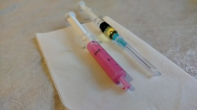 Colored medicine in syringes for treating cats at home.