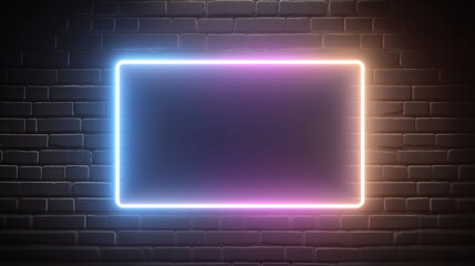  Neon Rectangle Shines Against Dark Brick Wall Vibrant Light Creates Dramatic Empty Frame