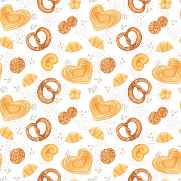 Seamless watercolor pattern with hand-painted bakery buns, pretzels and croissants in cozy rustic style on white background. Ideal for packaging, fabric, wrapping paper, and kitchen-themed designs.