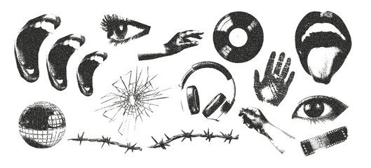 Hand, eyes, scream, headphones, broken glass, vinyl record, palm print retro elements with photocopy stipple effect for grunge punk halftone collage art. Vector illustration.