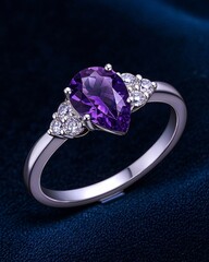 Elegant amethyst ring, 14K white gold band with a pear-cut purple amethyst and diamond side stones