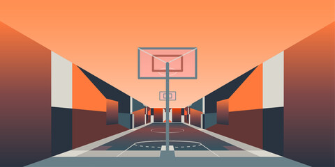 Vaporwave Style Basketball Court Vector Illustration, 90s Aesthetic