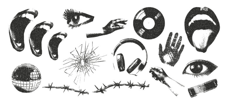 Hand, eyes, scream, headphones, broken glass, vinyl record, palm print retro elements with photocopy stipple effect for grunge punk halftone collage art. Vector illustration.