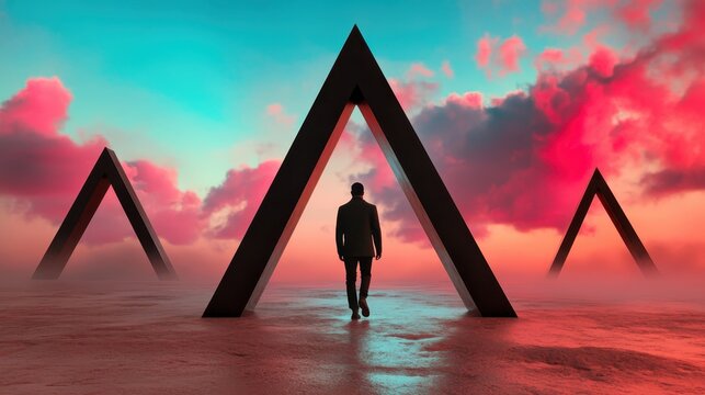 A solitary figure walks toward three triangular structures in a surreal setting, suggesting a journey through an abstract landscape infused with vibrant colors and dreams.