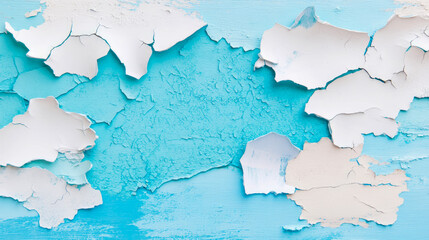 Distressed cyan wood with peeling white paint, creating abstract shapes