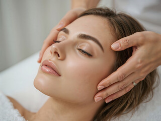 Naklejka premium Gentle hands massage a womans face, inducing serenity during a luxurious spa treatment