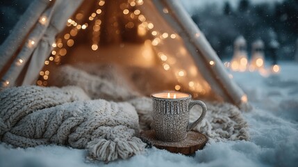 Fototapeta premium Winter wonderland scene featu warm cup and cozy teepee with bokeh lights.