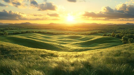 Fototapeta premium Sunset over rolling green hills.