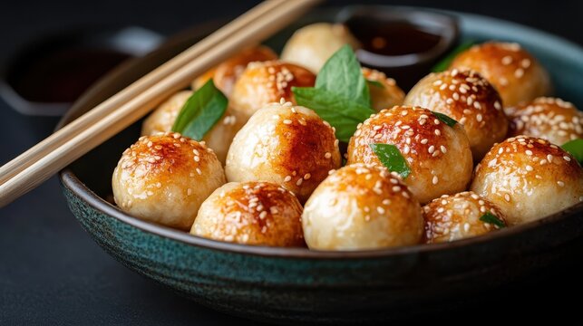 A tempting display of golden-brown sesame balls garnished with fresh herbs, showcasing an inviting culinary delight that merges flavor and tradition on a vibrant plate.