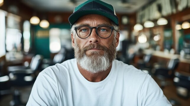 A thoughtful older man with glasses and a beard sits in a vibrant barbershop, capturing the essence of style and character that resonates with many viewers.