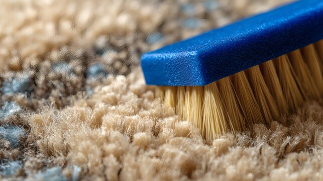 Close-up of a blue brush with tan bristles cleaning a shaggy rug. The scene focuses on detailing the process of home maintenance.