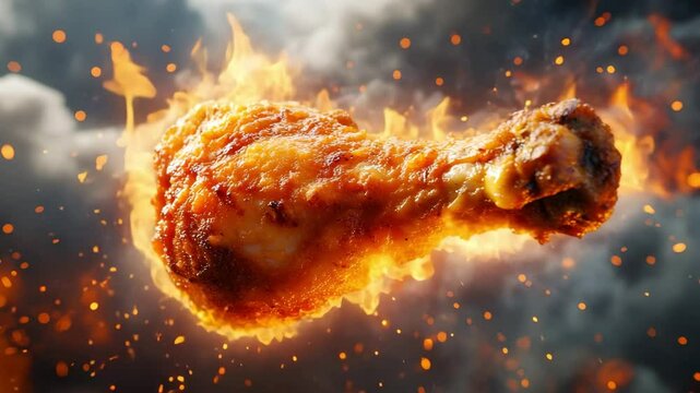 A fiery fried chicken drumstick bursts through intense flames in midair, highlighting its crispy golden texture, heat, and flavor in a dramatic and explosive culinary motion concept.