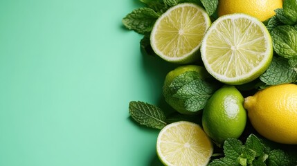 A vibrant composition of fresh lemons and limes surrounded by mint leaves, set against a bright green background, highlighting the freshness and zest of citrus fruits.