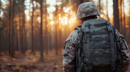 Obraz premium A soldier stands in a serene forest at sunrise, showcasing resilience and solitude, with a focus on the detailed military gear and the warm light of dawn.