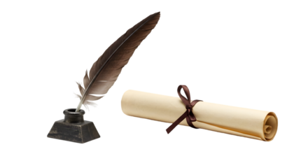 Elegant Quill Pen, Inkwell, and Rolled Parchment: A Vintage Writing Scene