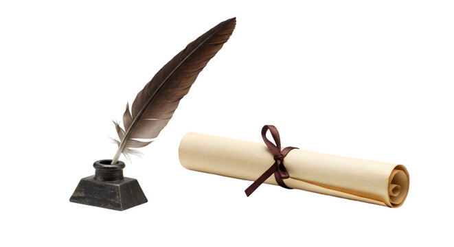 Elegant Quill Pen, Inkwell, and Rolled Parchment: A Vintage Writing Scene