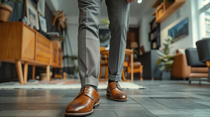 A male model in a sharp suit with leather shoes and a belt stands front-facing in a modern office, exuding style and professionalism in a sleek, corporate setting...