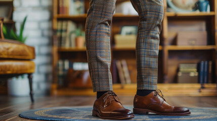 A male model in a sharp suit with leather shoes and a belt stands front-facing in a modern office, exuding style and professionalism in a sleek, corporate setting...