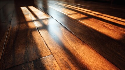 Warm sunlight streams through a window, casting geometric shadows on the polished wood flooring, highlighting the texture and warm tones.