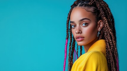 A striking portrait of a young person with braided hair, showcasing vibrant colors and a modern aesthetic that reflects individuality and contemporary style beautifully.