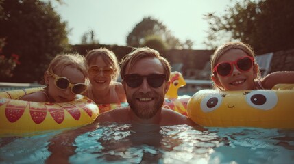 Father and his daughters enjoy a day in the swimming pool, wearing sunglasses and inflatable rings, bonding and having fun together.