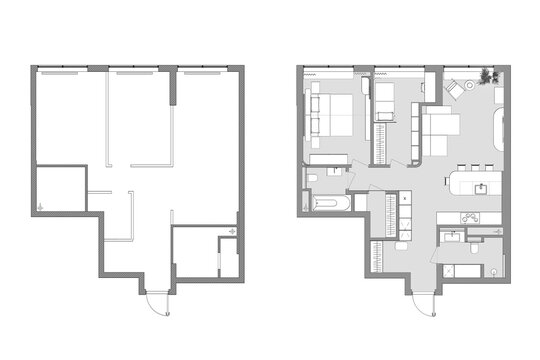 Apartment floor plans. Micro, one, two bedroom apartment. Interior design elements kitchen, bedroom, bathroom furniture. Vector architecture plan of studio, condominium, flat, house. 2D floor plans	
