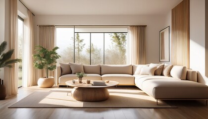 spacious airy minimalist living room with neutral tones a beige sofa a wooden coffee table and soft natural light highlighting every corner