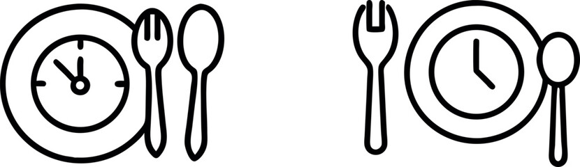 Intermittent fasting and meal time icons with plate, clock, fork, and spoon &ndash; vector illustration