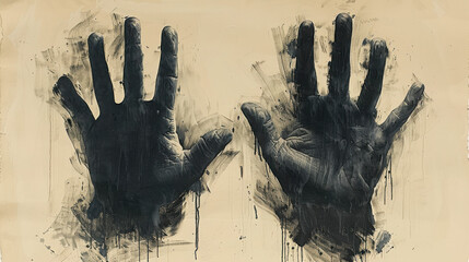 A minimal painterly sketch of hands in motion on beige paper, using rough, high-contrast charcoal strokes to express dynamic movement with texture and simplicity...