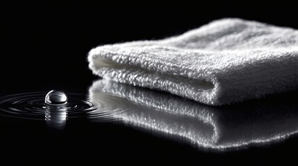 A crisp, white cloth rests near a droplet of water creating ripples, capturing a moment of purity and tranquility in a minimalist setting.