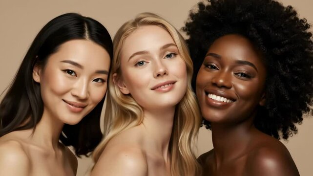 Three diverse women with glowing skin and elegant natural makeup pose closely in a studio beauty portrait