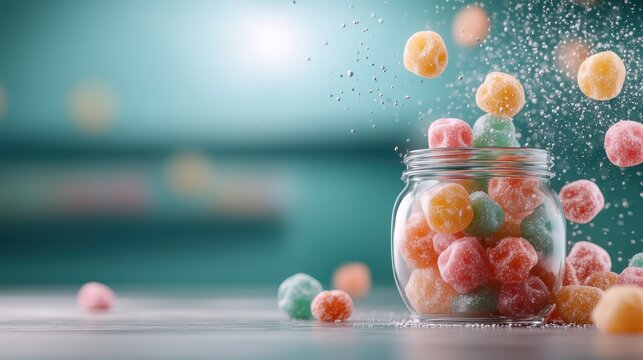 An imaginative setting where vibrant candies tumble out of a jar, capturing the essence of joy and playfulness, perfect for evoking nostalgia and delight during festive occasions.