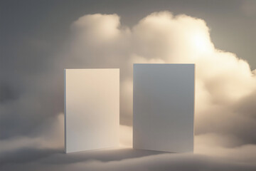Front-facing blank sheets resting softly among ethereal clouds