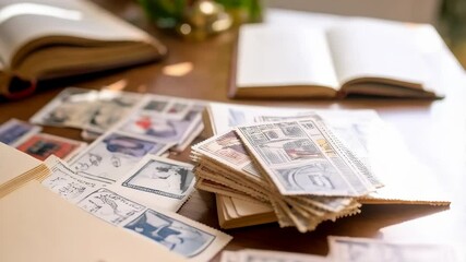Examining vintage postage stamps, a hand lifts a sheet with sketches, surrounded by a collection in albums and stacks on a wooden desk.
