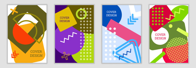 Bright background in Memphis style. Set of geometric cover designs. Fashionable bright cover, banner, poster, booklet. Bright colors. Vector
