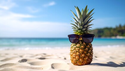 a pineapple with sunglasses on beach, space for copy