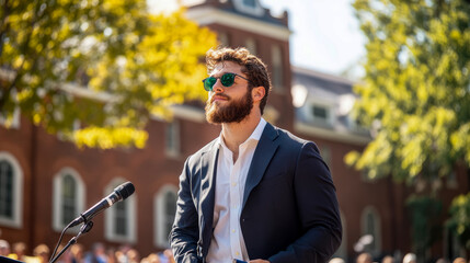 Man in suit at outdoor speaking event