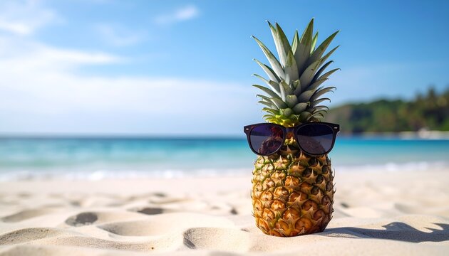 a pineapple with sunglasses on beach, space for copy