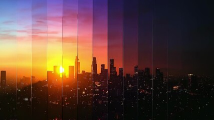 City skyline, sunset to night, through vertical panes - Powered by Adobe