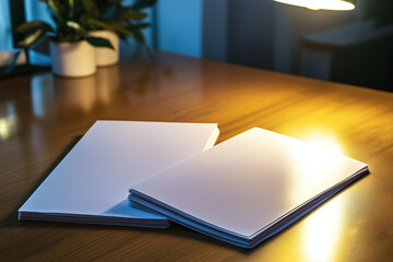 Blank sheets resting quietly on a wooden table in soft evening light