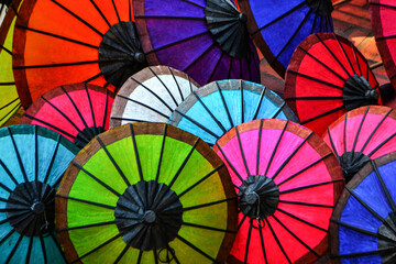 colorful paper umbrellas  background in Luang Prabang Laos. (saa Paper)